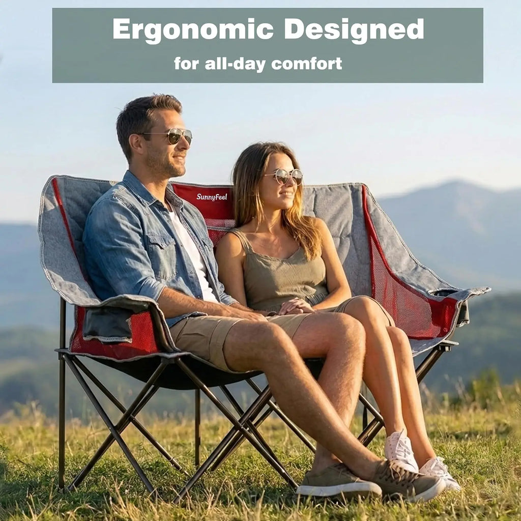 Folding Double Camping Chair, Heavy Duty Loveseat for 2, Portable Outdoor Lawn Chair with Cup Holders, 300 lbs Capacity