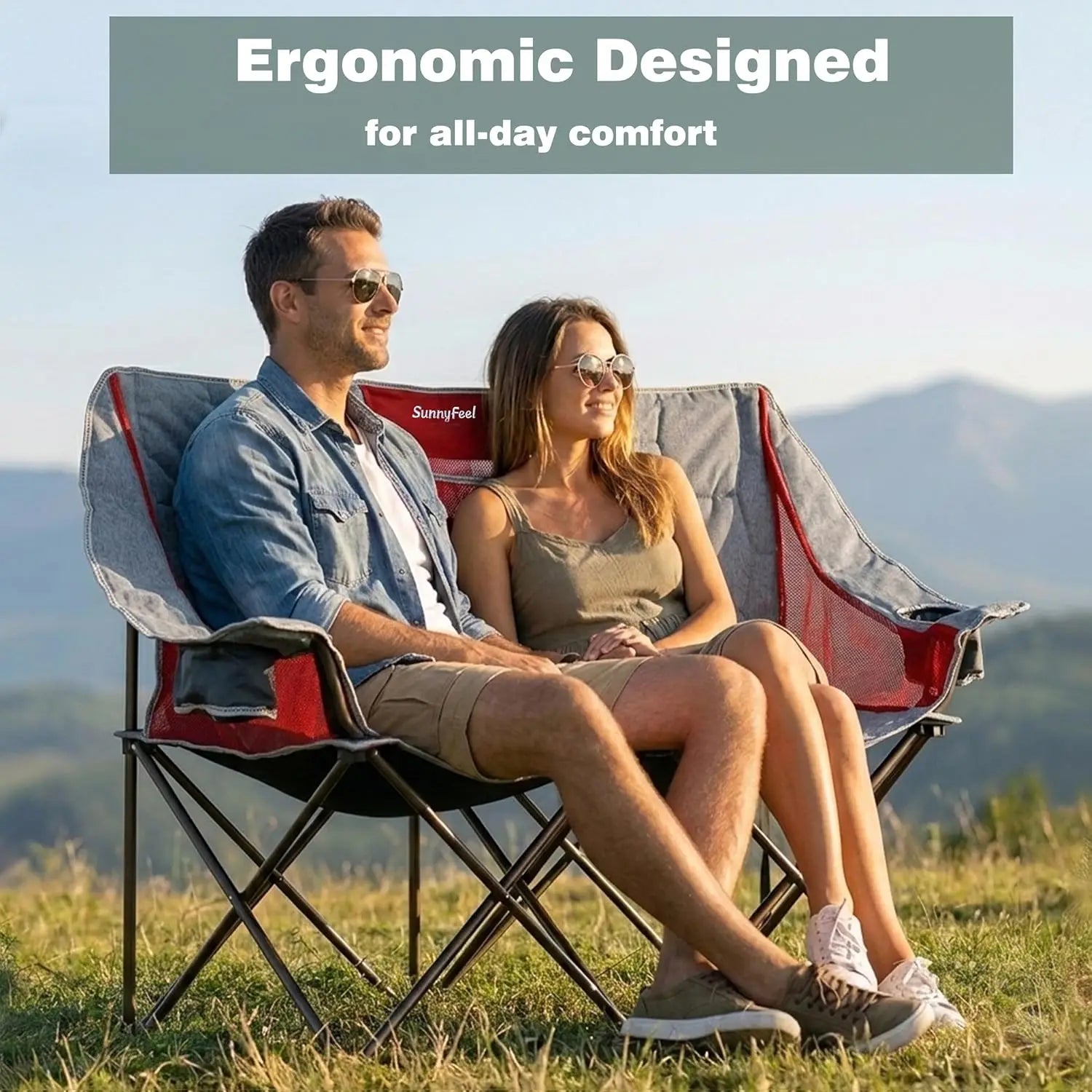 Folding Double Camping Chair, Heavy Duty Loveseat for 2, Portable Outdoor Lawn Chair with Cup Holders, 300 lbs Capacity