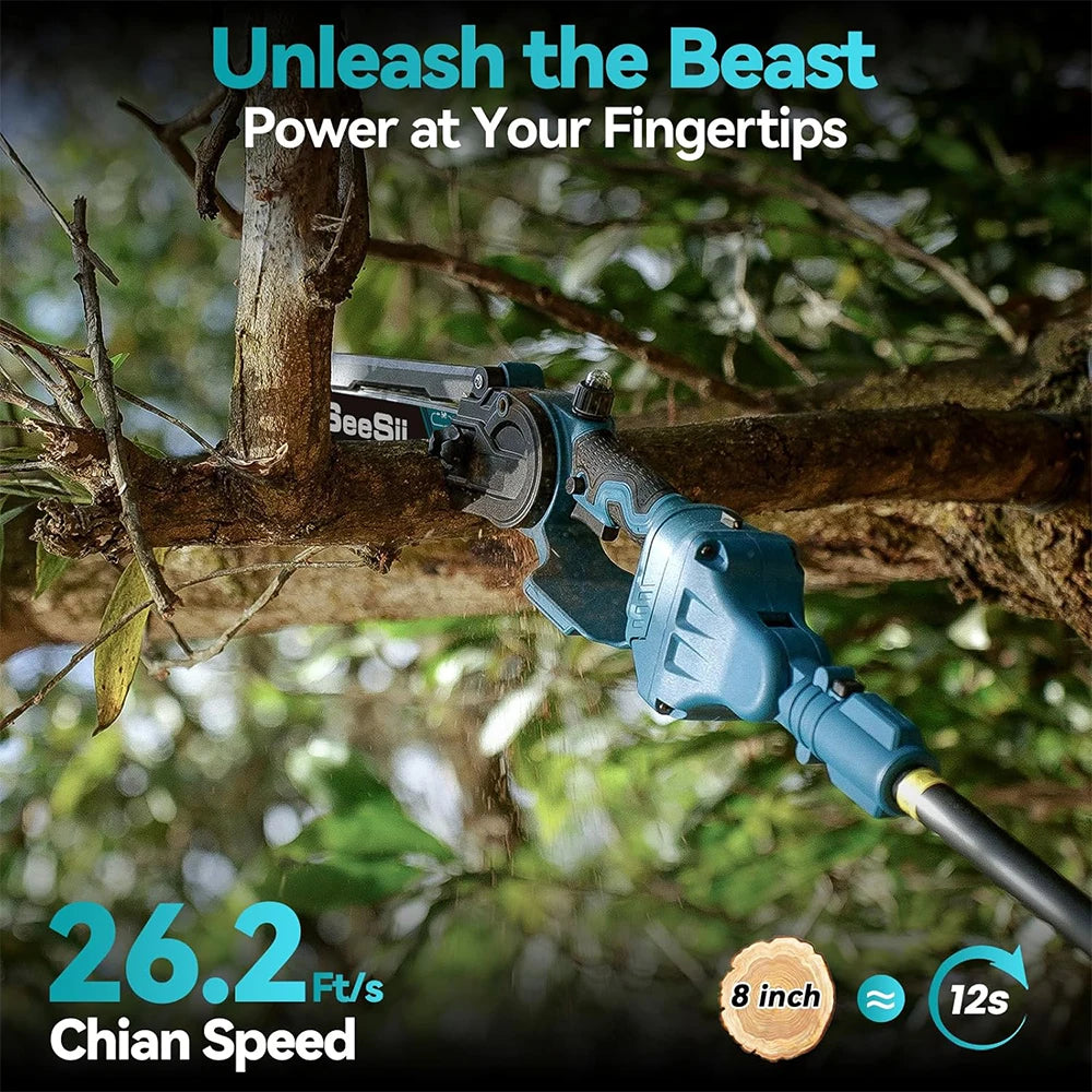 Polesaw High Branch Saw, Cordless 8'' Chainsaw, 3M Extension Pole. 2 x 21 Volt Batteries & Charger