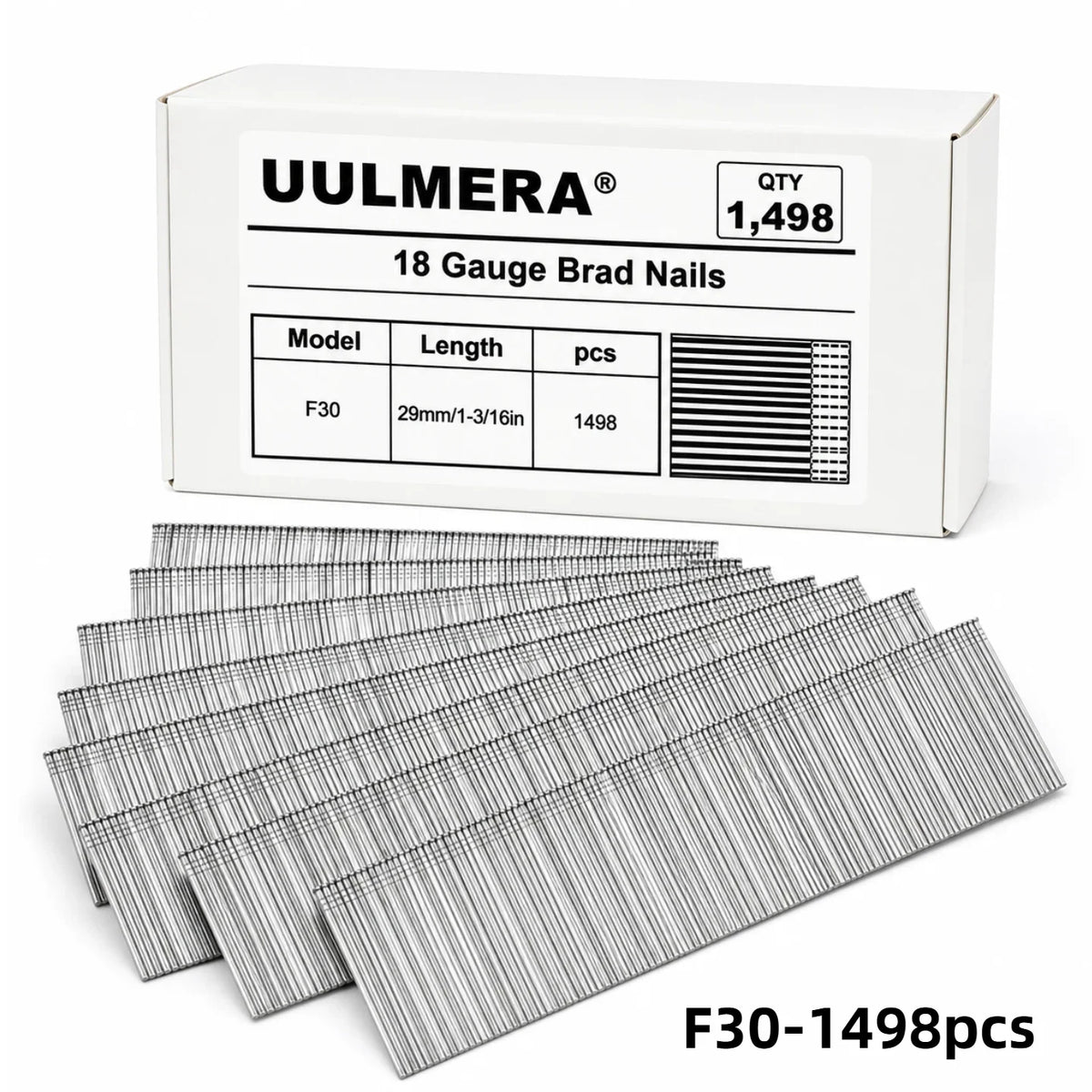 UULMERA 1498PCS 18 Gauge Brad Nails, F15/F20/F25/F30/F38/F50 Galvanized Nail Gun Nails for Pneumatic, Electric Brad Nailer Gun