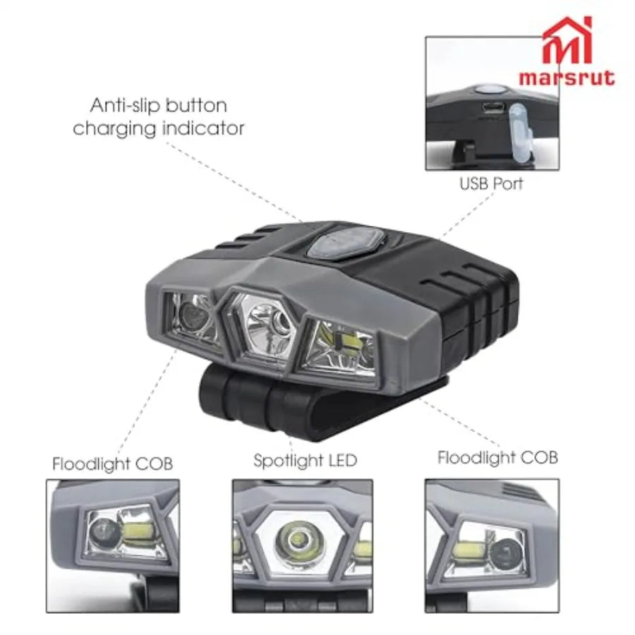2Pcs Hat Lights Clip On Rechargeable Brim Light, Ultra Bright Micro Mini LED Cap Headlamp 150 Lumens Spotlight, Waterproof Hand