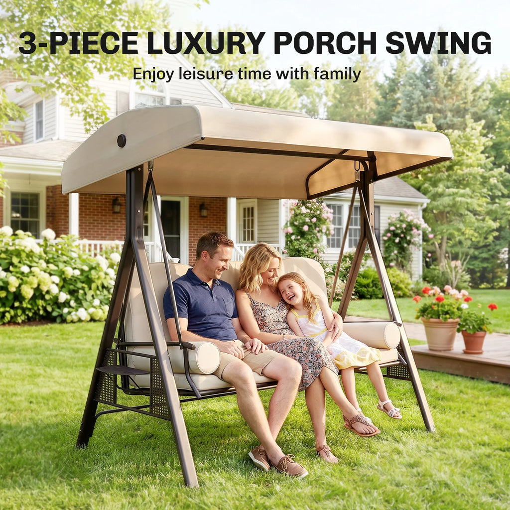 3-Person Outdoor Canopy Patio Cushioned Bench Porch Swing Seat, Beige