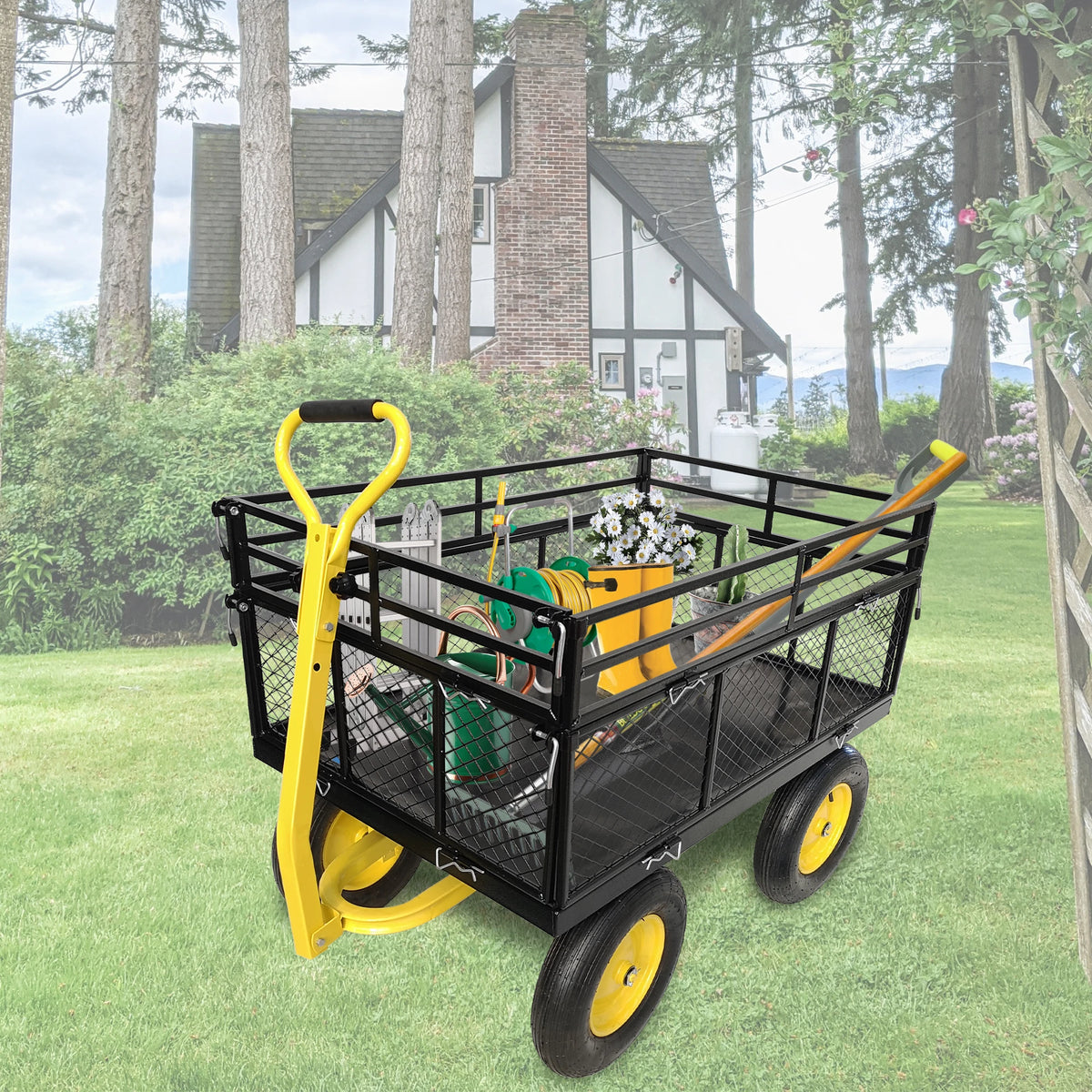 1400 lbs Heavy Duty Steel Garden Utility Cart Wagon Removable Mesh Sides Flatbed 2 in 1 Handle 16 Inch Wheels Yard Farm