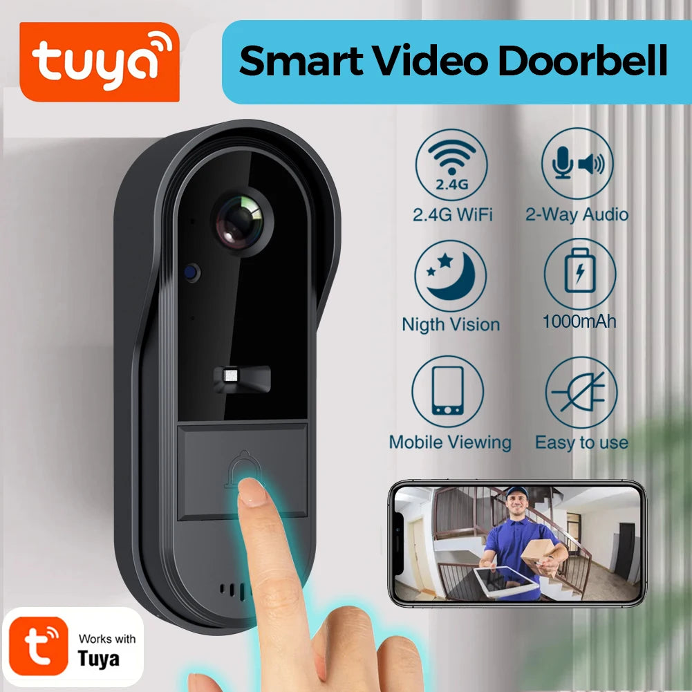 Tuya WiFi doorbell, 2-way HD 1080P, microSD/cloud, waterproof, 1000mAh battery, long standby, Wireless Security Camera