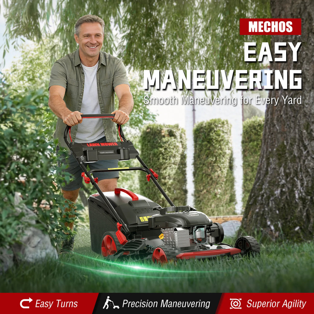 Mechos Gas Powered Push Lawnmower, Self-Propelled Gas Lawnmower, 21-Inch Cutting Deck, 201cc 4-Cycle Engine, 8 Levels Adjustable Cutting Height, 3-in-1 Functions (Bagging, Mulching and Side Discharge)