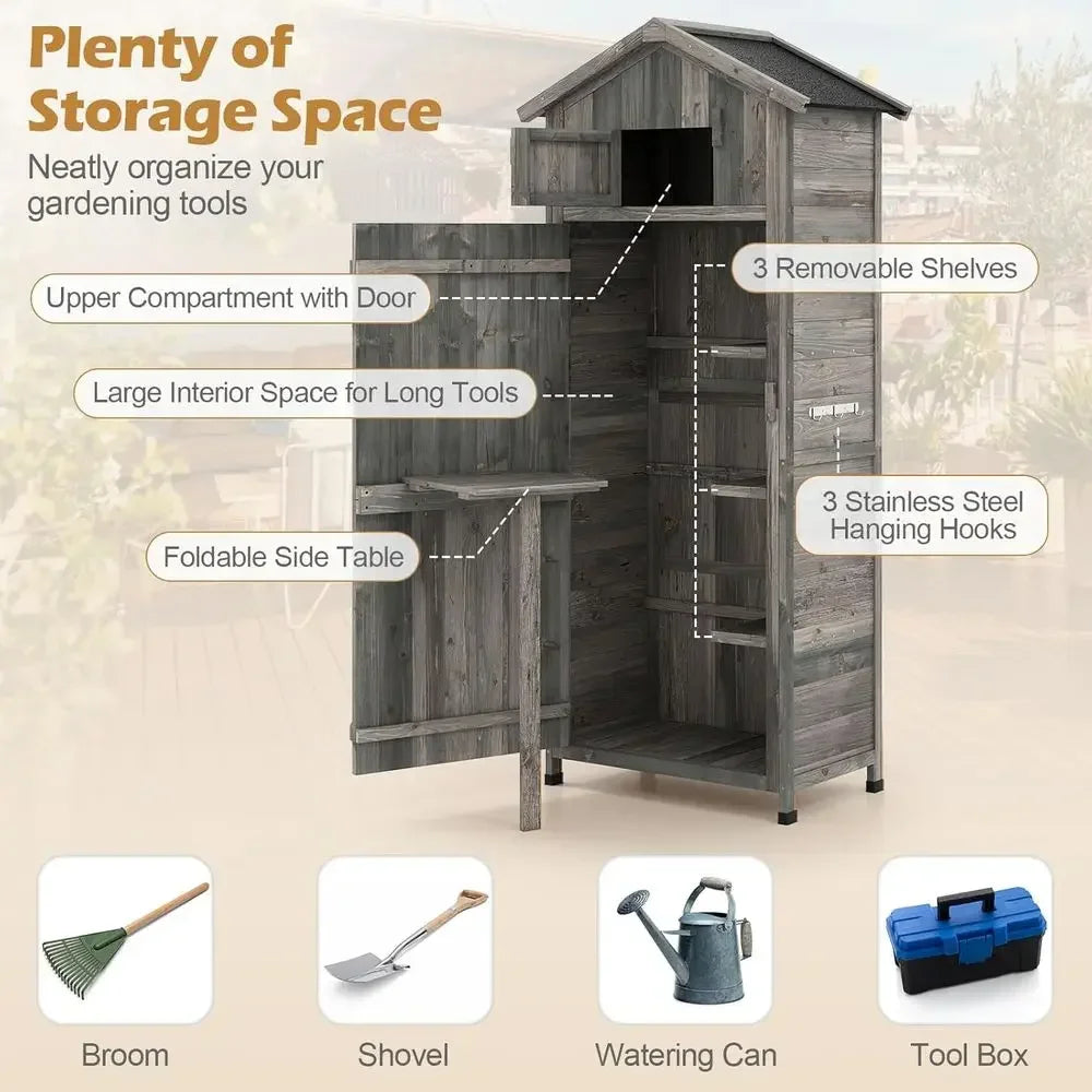 70 Tall Outdoor Wooden Storage Shed with Folding Table and Removable Shelves for Garden, Patio, or Backyard (Grey, 30x20x70)