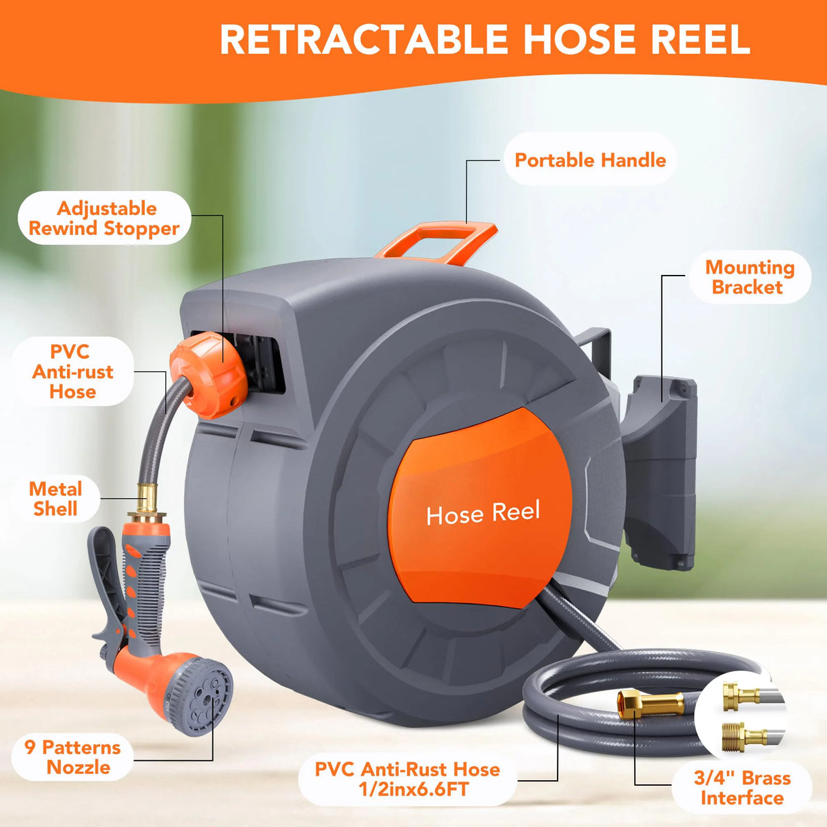 HiMiss Wall Mounted Retractable Garden Hose Reel, 1/2 in X 72/100 ft, Auto Slow Rewind, 180° Swivel, 9-Function Nozzle, Any Length Lock