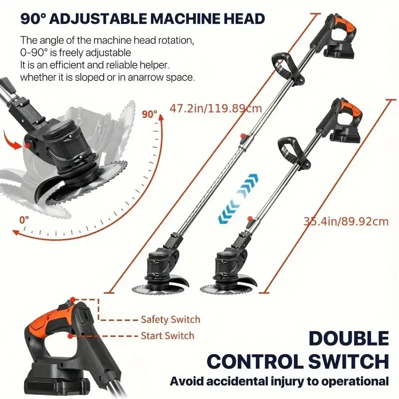 Wireless portable weed trimmer for lawn trimming. The trimmer is equipped with 2 lithium batteries and comes with replaceable blades