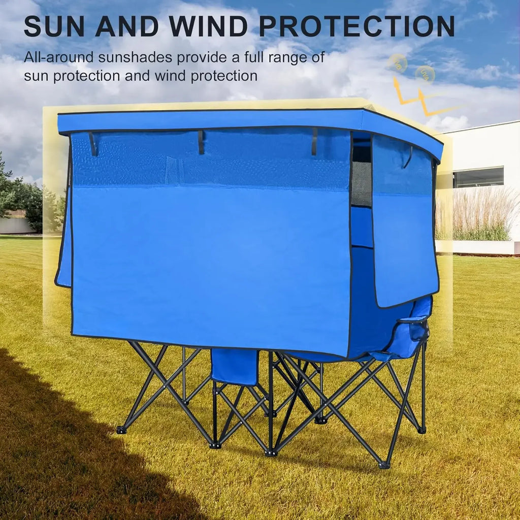 Double Beach Chair with Canopy Shade Heavy Duty Camping Chairs with Cup Holder Folding Loveseat for Outside Lawn