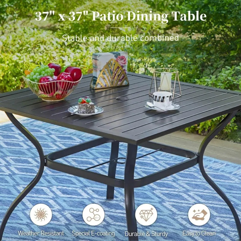 SUNSHINE VALLEY 5/9 Piece Patio Dining Set, Square Table with Umbrella Hole, 4 Metal Brown Chairs, Outdoor Table Chairs Set