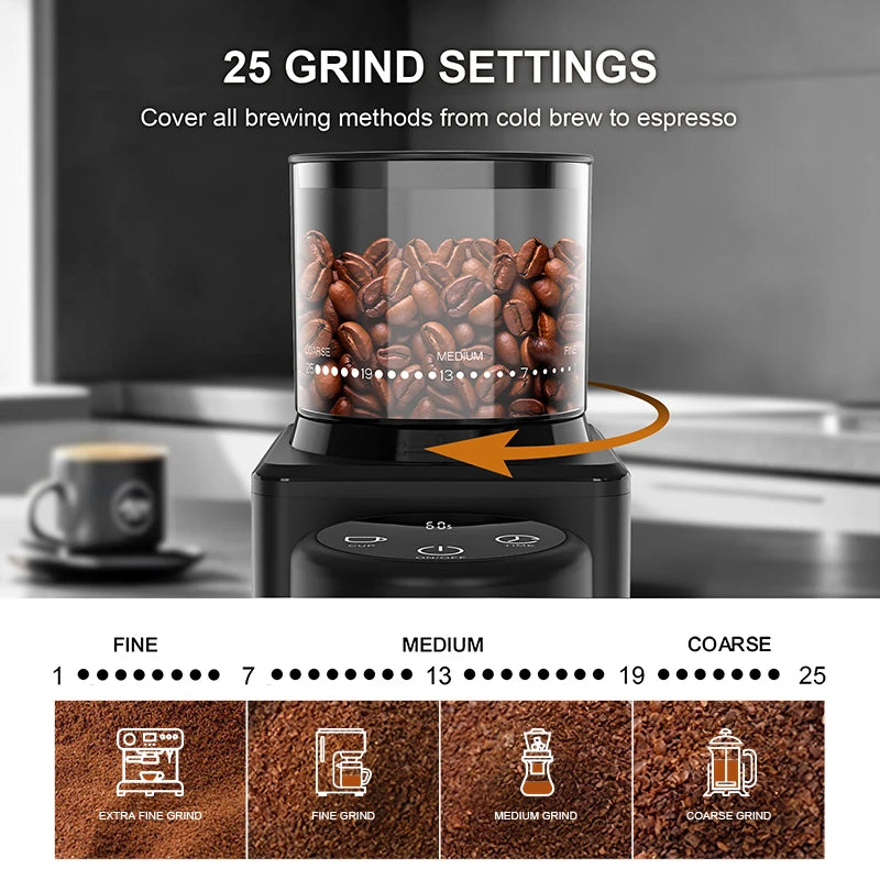 Automatic Conical Burr Coffee Grinder Touchscreen Coffee Bean Grinder with 25 Precise Grind Settings For Espresso 2-12 Cups