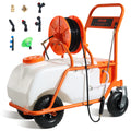 SucceBuy Battery Powered 15 Gal Garden Weed Sprayer with Wheeled Cart, 126FT Hose with Reel 8 Nozzles 2 Wands with Lock for Crop