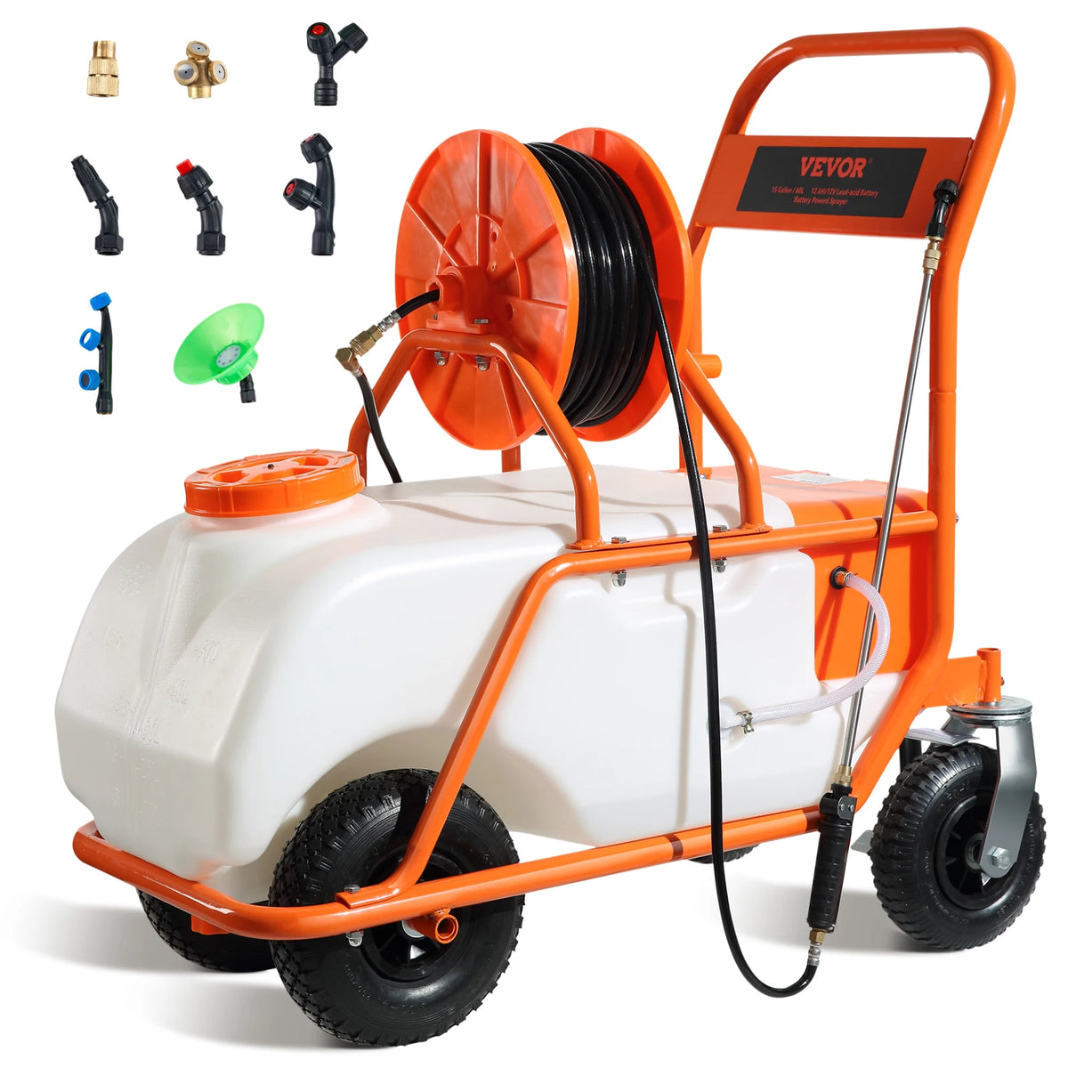 SucceBuy Battery Powered 15 Gal Garden Weed Sprayer with Wheeled Cart, 126FT Hose with Reel 8 Nozzles 2 Wands with Lock for Crop