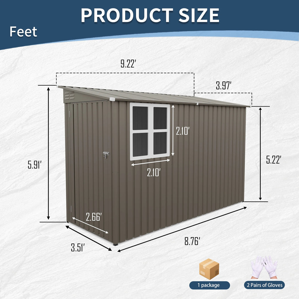 4x9FT Olive Grey Metal Storage Shed, Galvanized Steel Tool House with Window & Thick Frame, Outdoor Garden Equipment Organizer for Backyard