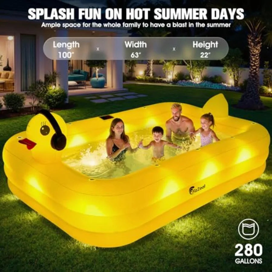 FizZeal Backyard inflatable pool for kids and adults PVC material blue solar-powered lights durable thickened design 100"x63"x22"