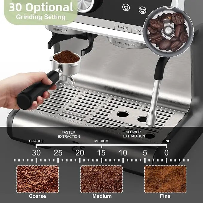 HiMiss Espresso Machine 20 Bar, Semi-Automatic Espresso Maker with Grinder, Stainless Steel, Latte & Cappuccino Espresso Coffee Machine with/Automatic Milk Frother & 95 oz Water Tank for Office