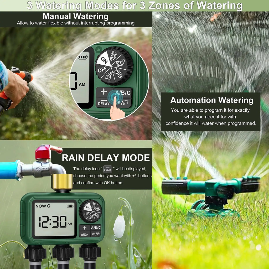 3-Zone Programmable Sprinkler Timer, Automatic Irrigation System with Rain Delay & Manual Watering, Brass Inlet Controller for Garden & Lawn