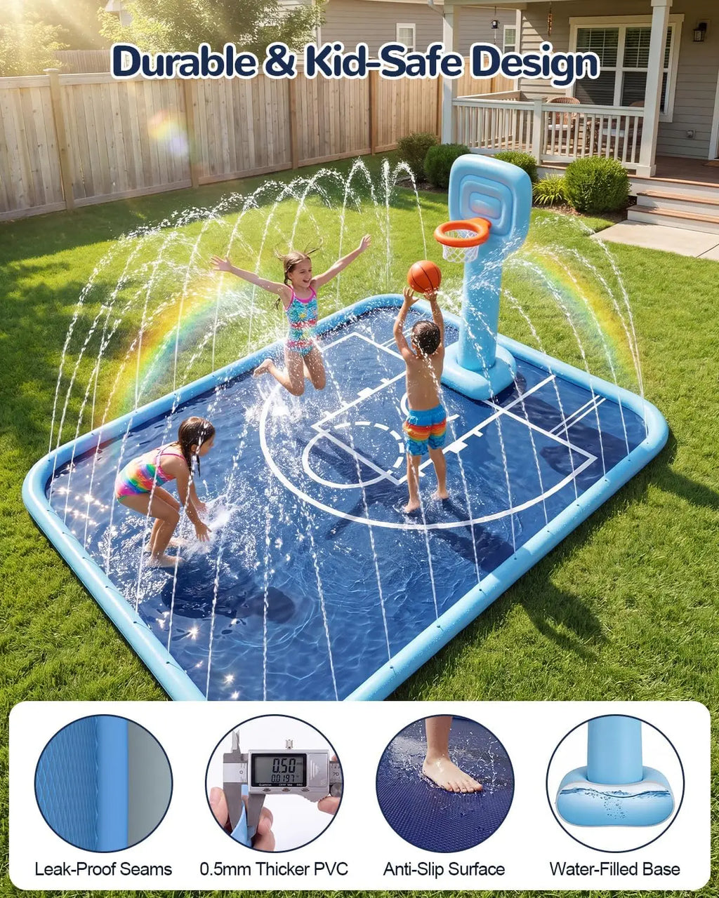 Qmioti Kiddie Sprinkler Pool PVC Material Large Size Non-Slip With Basketball Hoop Summer Blue