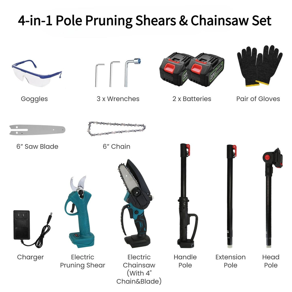 MounTEK 4-in-1 Pole Pruning Shears, Electric Pruning Shears & pole saws for tree trimming with 7 adjustable head angles,Cordless Pole Shears and Battery Pole Saw with 2Pcs 3000mAh rechargeable batteries