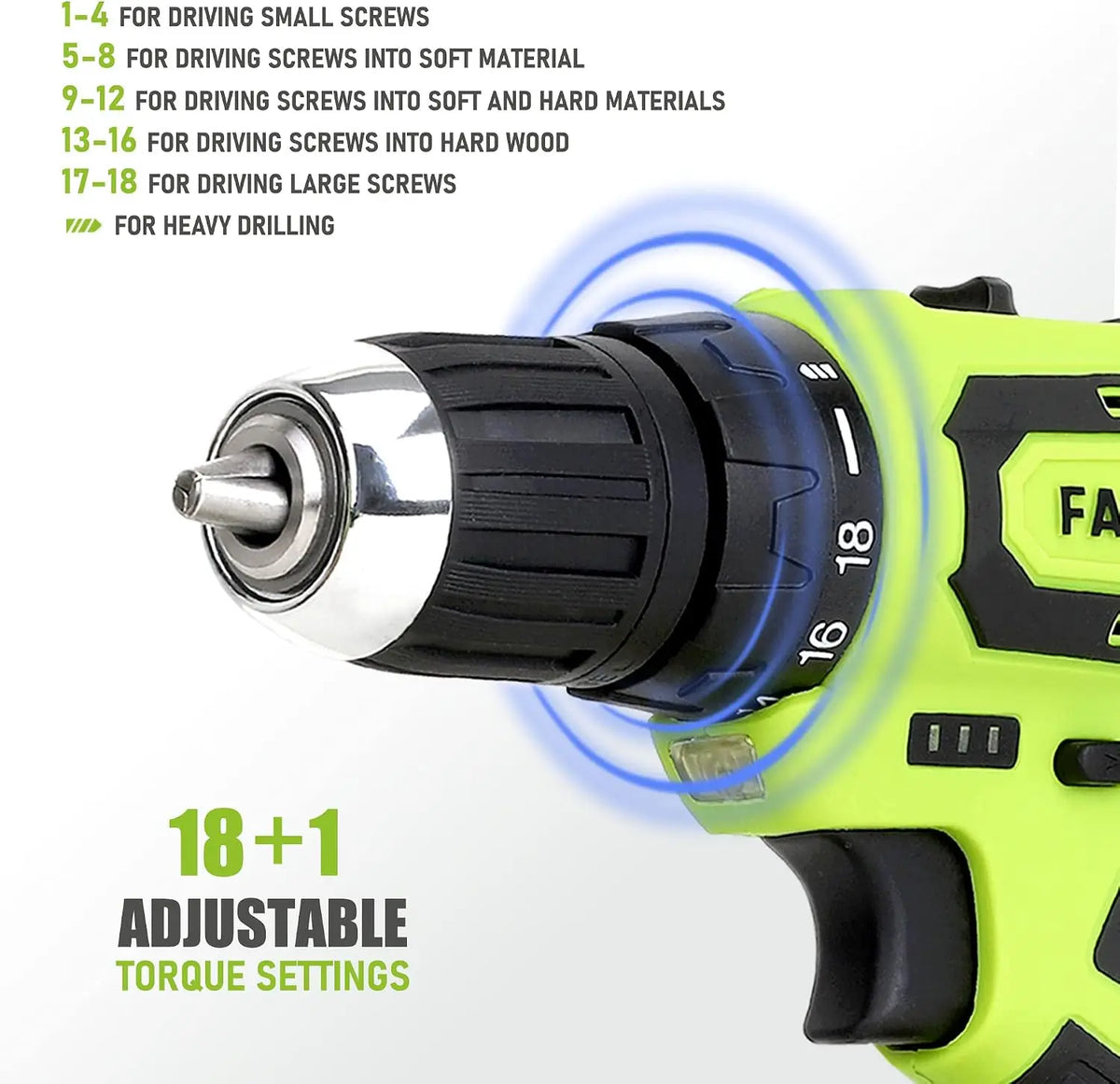 12V Cordless Drill Set, Home Tool Kit with Tool Box, Green - 19+1 Clutch, 2-Speed