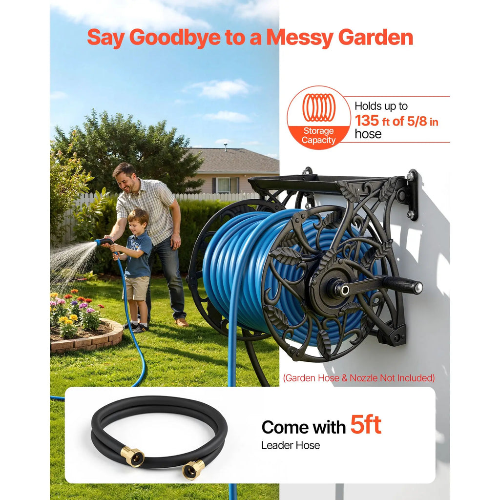 Wall Mounted Garden Hose Reel, Holds 135 Feet of 5/8-inch Hose, Outdoor Heavy-Duty Waterhose Holder Winder, with Widened Top Tray, Aluminum Alloy Connector, Decorative Pattern, for Backyards