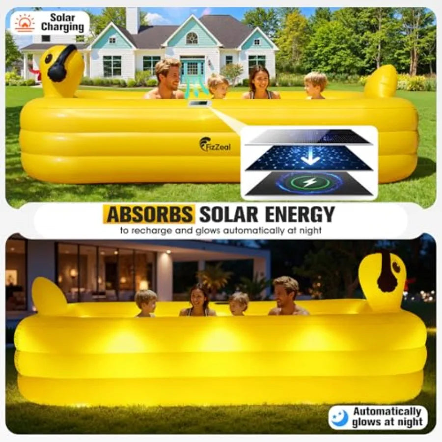 FizZeal Backyard inflatable pool for kids and adults PVC material blue solar-powered lights durable thickened design 100"x63"x22"