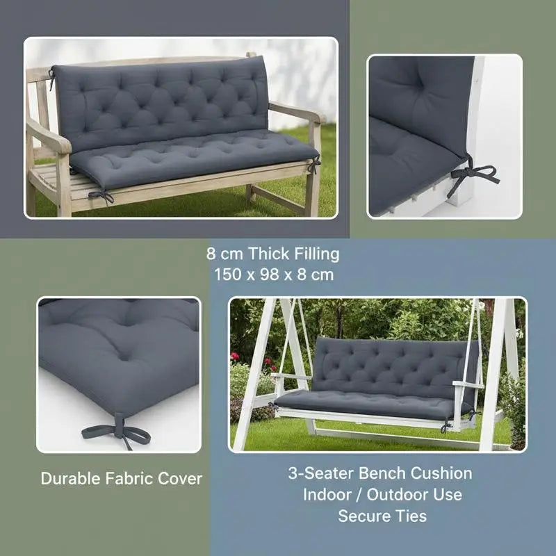 3 seater Bench Cushion with Straps, Can Be Used As A Backrest, Suitable for Indoor/outdoor Use, Also Suitable for Benches, Garden Benches, Garden Furniture, Swing Chairs - Dark Gray.