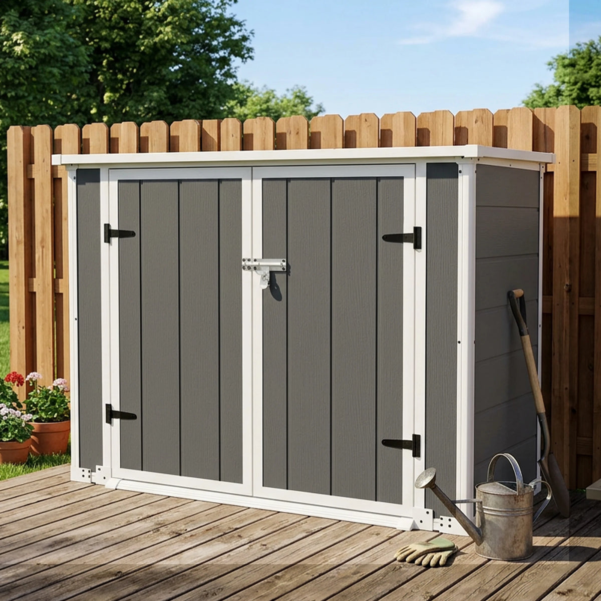 Gihauvia 56×29×44in Gray Resin Outdoor Storage Shed with Lockable Double Doors Waterproof All Weather Utility Cabinet for Garden Tools Trash Cans Backyard Patio