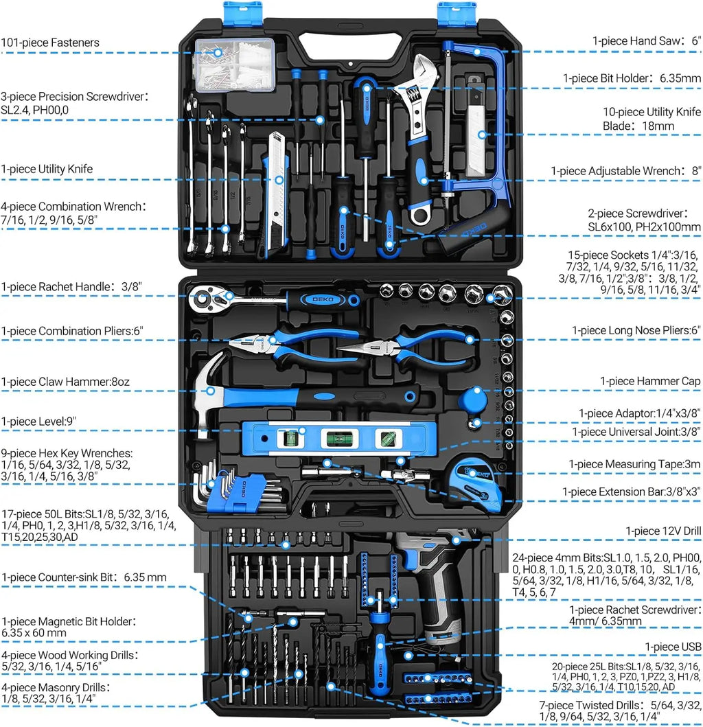 DEKO Home Mechanic Toolbox, 12V Power Cordless Drill, Hand Repair Tools Set, Molded Toolbox W/Drawer
