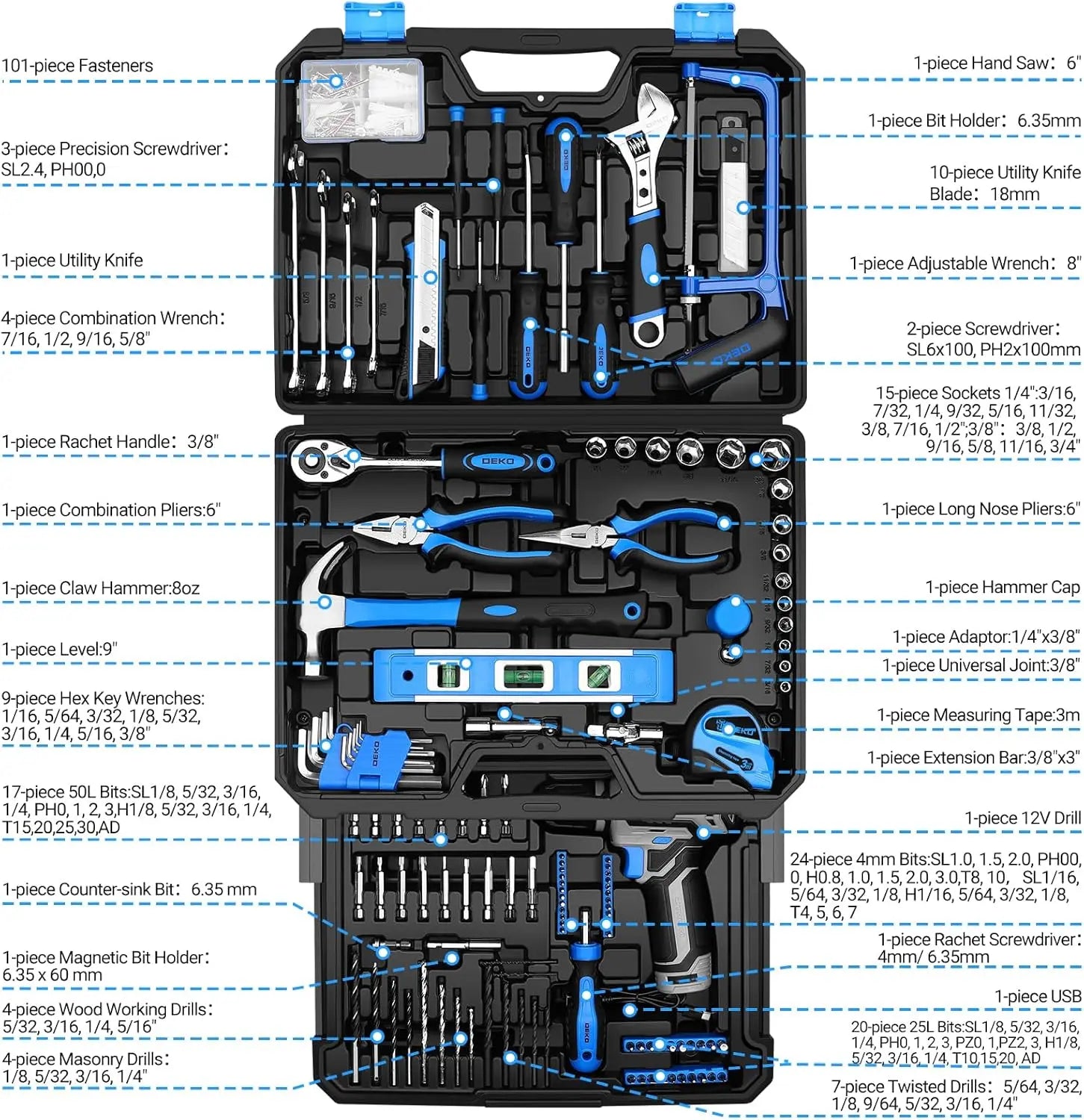 DEKO Home Mechanic Toolbox, 12V Power Cordless Drill, Hand Repair Tools Set, Molded Toolbox W/Drawer
