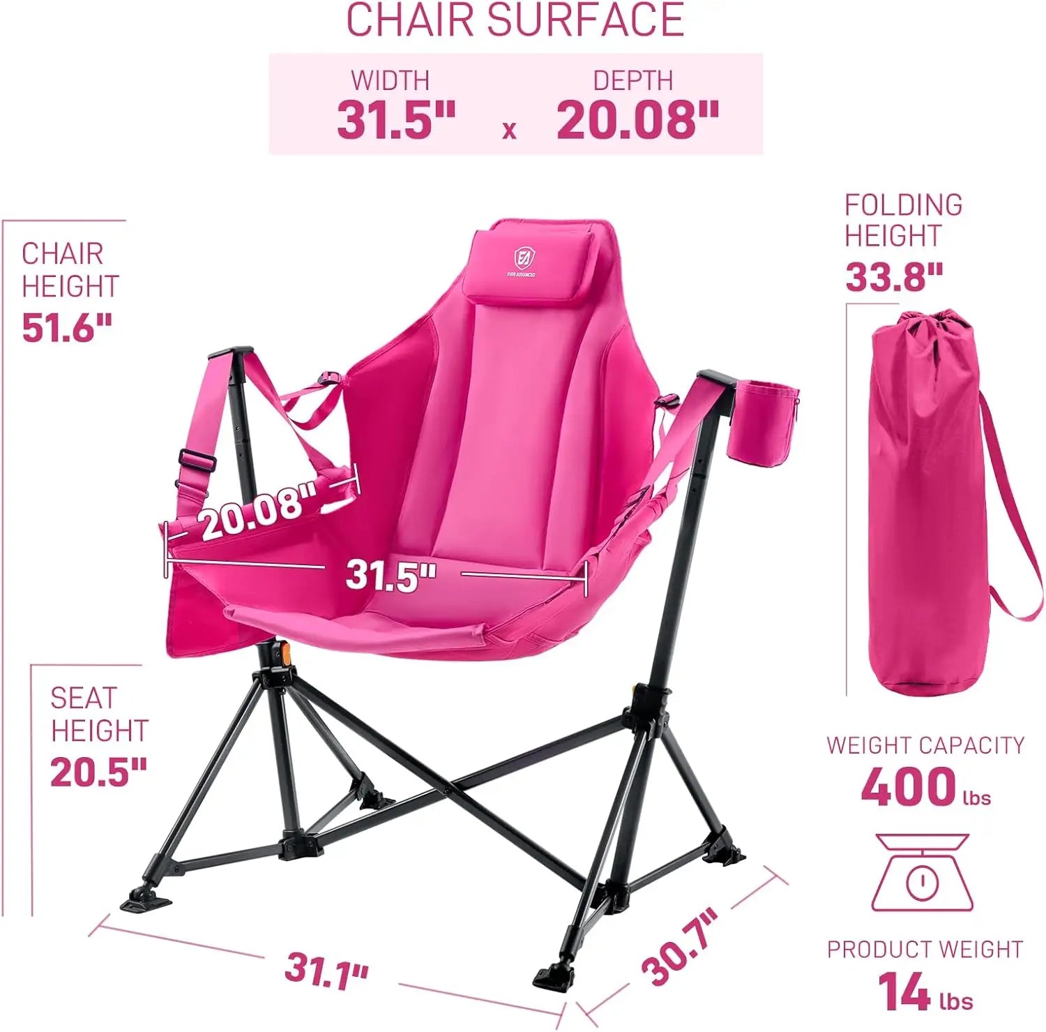 Padded Oversized Hammock Camping Chair, Compact Heavy Duty Swing Chair with Multi-Storage Pockets, Portable Folding Rocking Camp