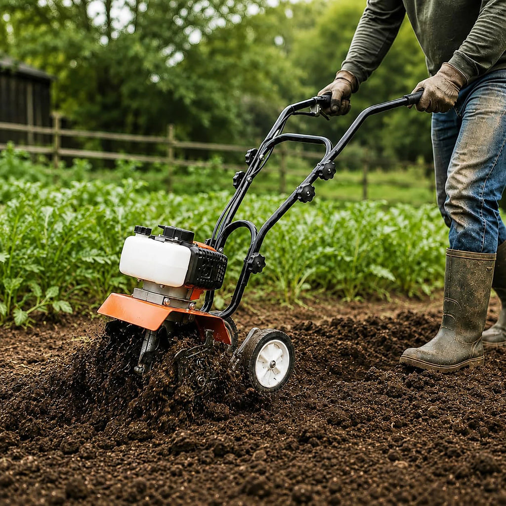 HiMiss 52CC Gas Garden Tiller Cultivator, 4 Tine Soil Rototiller With Adjustable Depth, 11.8in Width, Wheels For Lawn Field Flower Bed