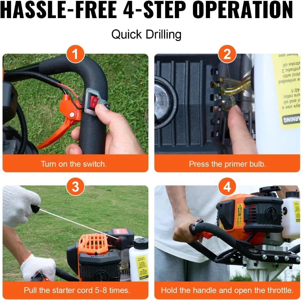 52cc Gas Powered Post Hole Digger 1450W Earth Auger 8" Drill Bit Extension Rod Farm Garden Tool EPA