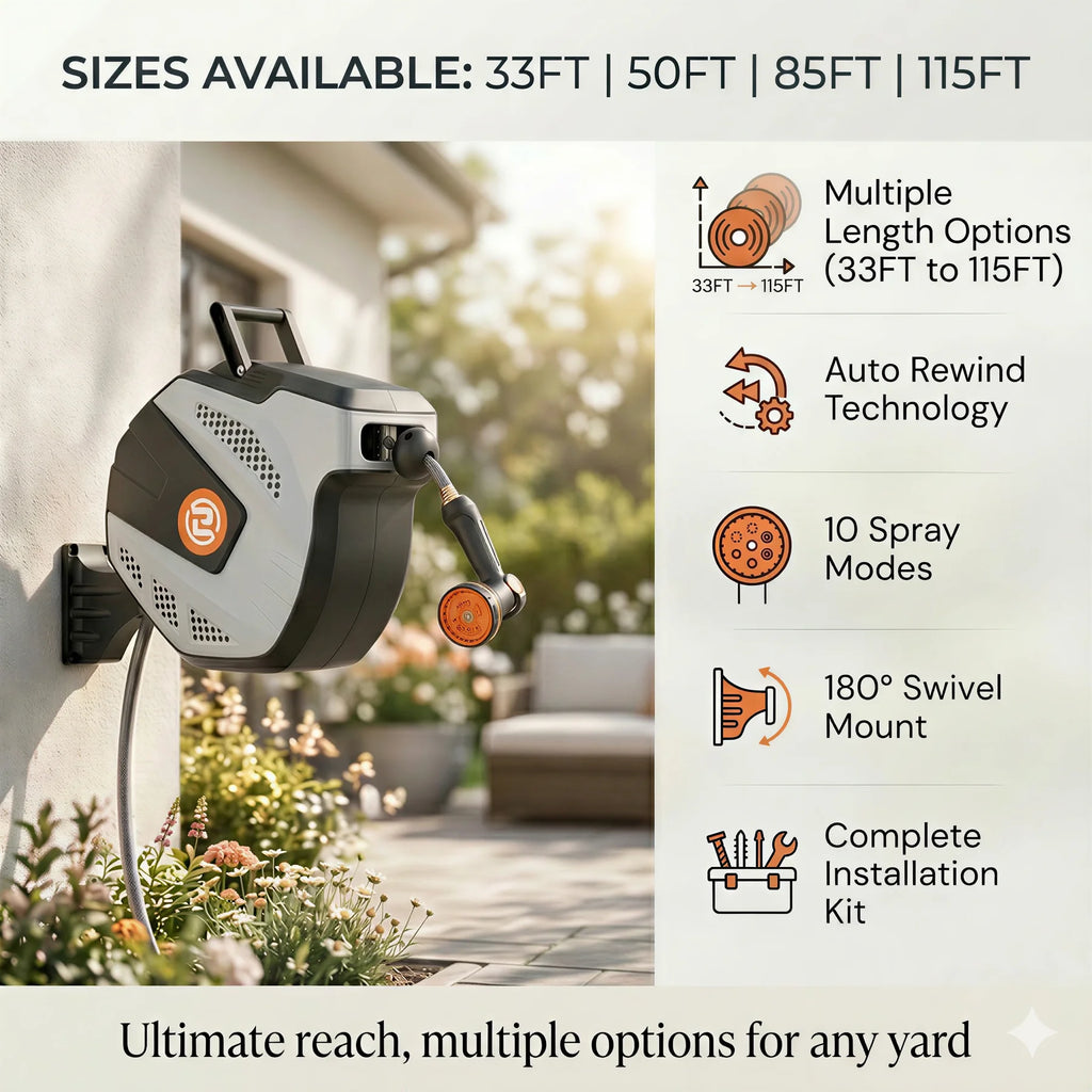 SUNPOW Retractable Wall Mounted Garden Hose Reel, Heavy-Duty 1/2 inch X 50ft, Leak-Proof 3/4 inch Brass Fitting, 10-Pattern Spray Nozzle, Any Length Lock, Auto Rewind, 180° Swivel Bracket for Garden Watering Car Washing, Gre