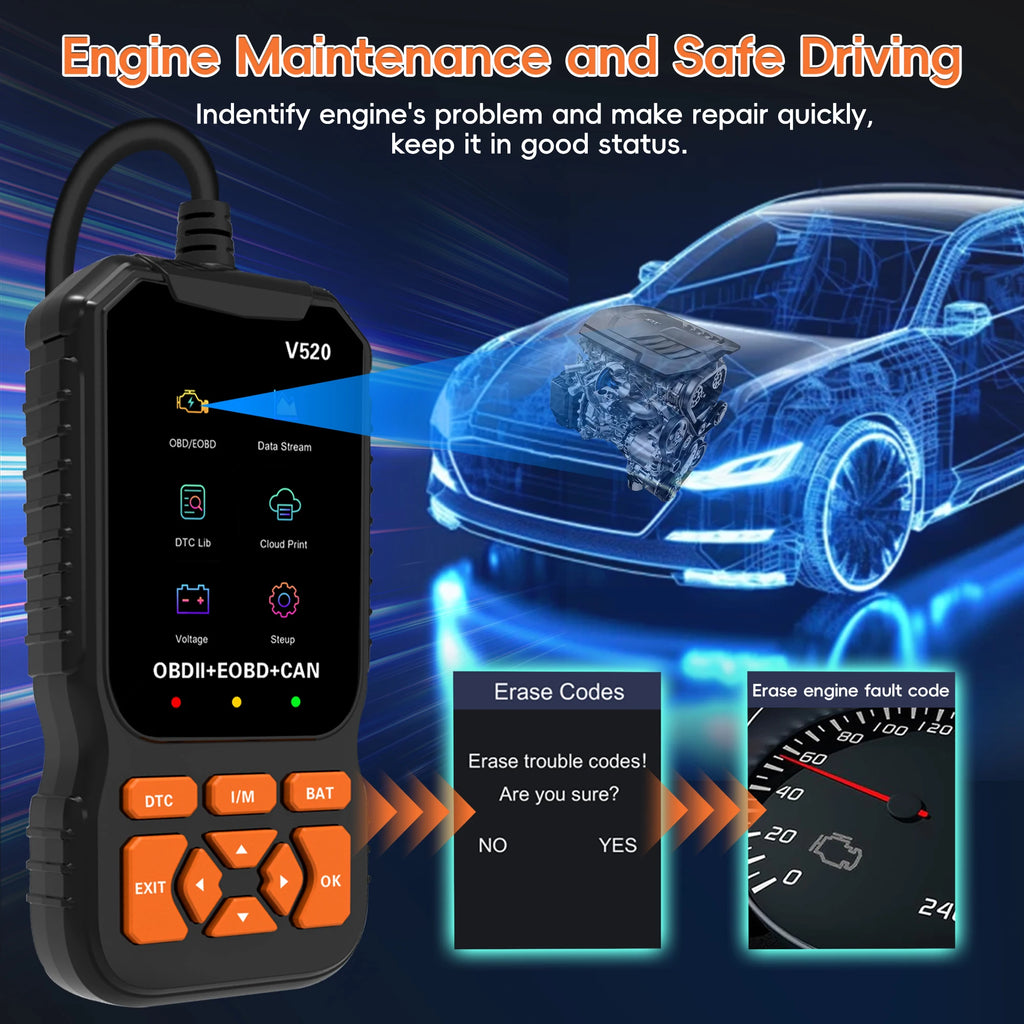 V520 OBD2 Scanner Diagnostic Tool Code Reader for All OBDII Cars | Read & Clear Engine Codes, Live Data Stream, Battery Test, I/M Readiness, O2/EVAP Test, OBDII/EOBD