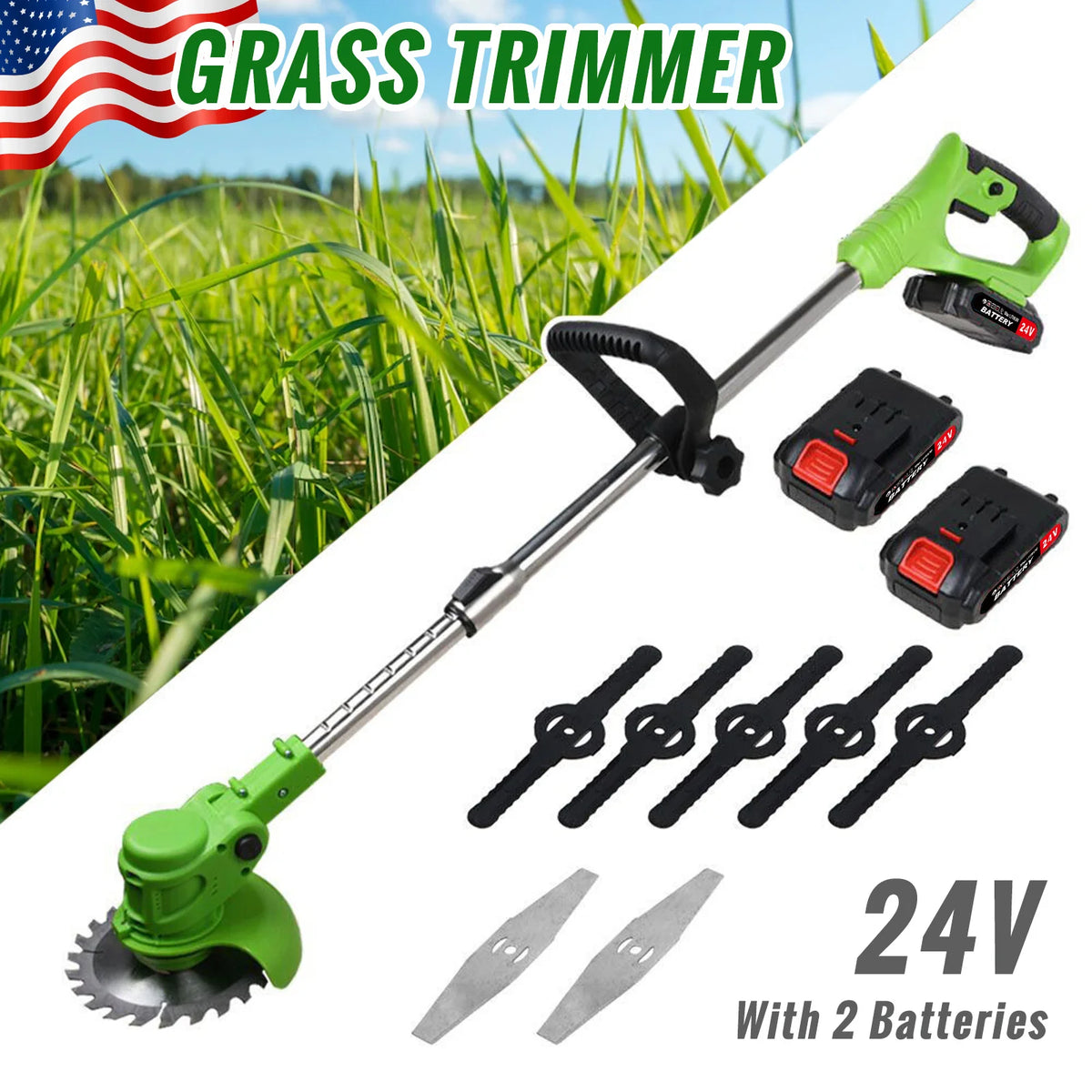 Weed Trimmer Lawn Electric Brushless 2-in-1 Cordless String Grass Trimmer Cutter Fast Charger With 2 x 24V Battery for Yard Garden Model Number: HG0076