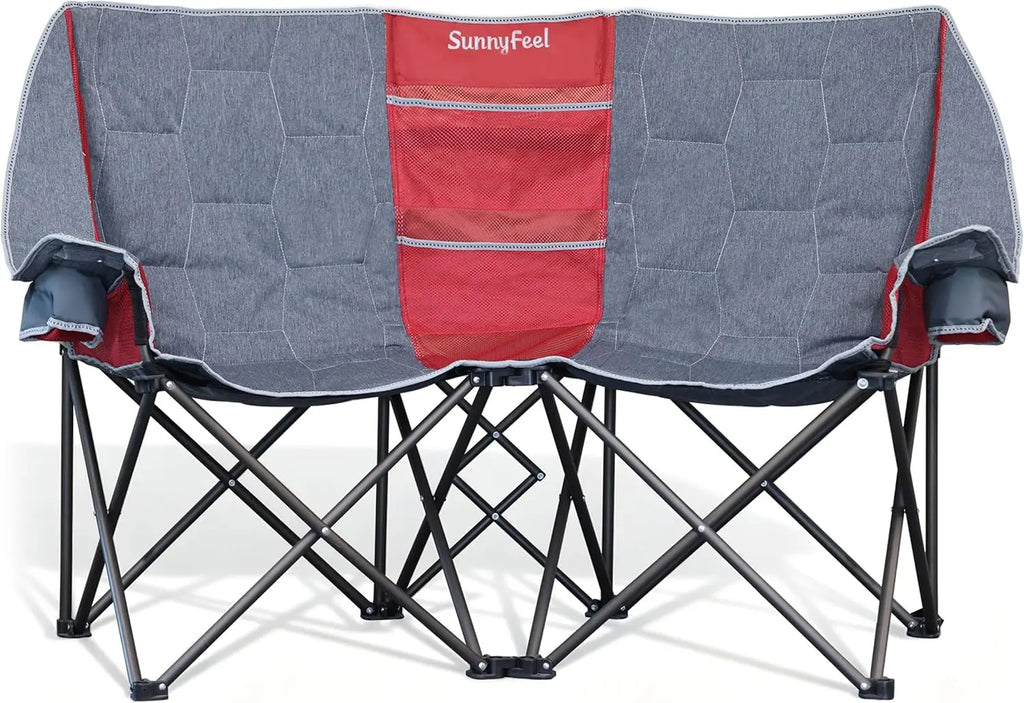 Folding Double Camping Chair, Heavy Duty Loveseat for 2, Portable Outdoor Lawn Chair with Cup Holders, 300 lbs Capacity