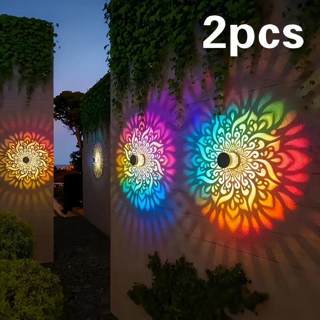 1/2 piece outdoor solar table lamp, mandala perforated pattern colored light changing wall lamp, solar landscape lamp projection, suitable for garden columns, terraces, backyards decoration and Christmas sunlight decoration,