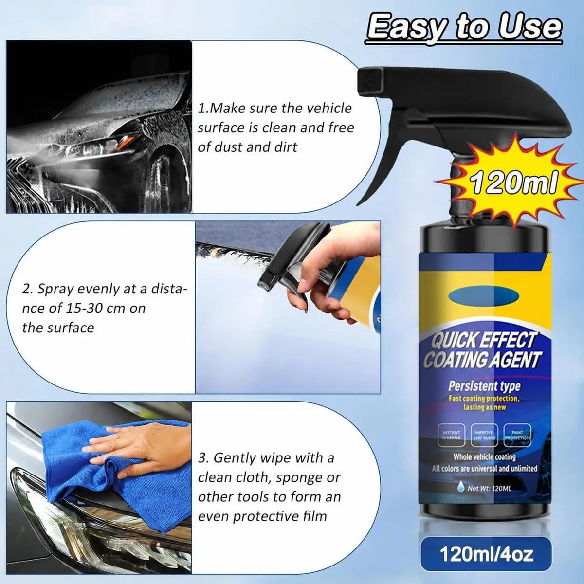 120ML New Car Multifunctional Quick Effect Coating Agent Spray 3 in 1 High Protection Quickly Coat Car Wax Auto Scratch Wax Polish Spray Waterless Wash