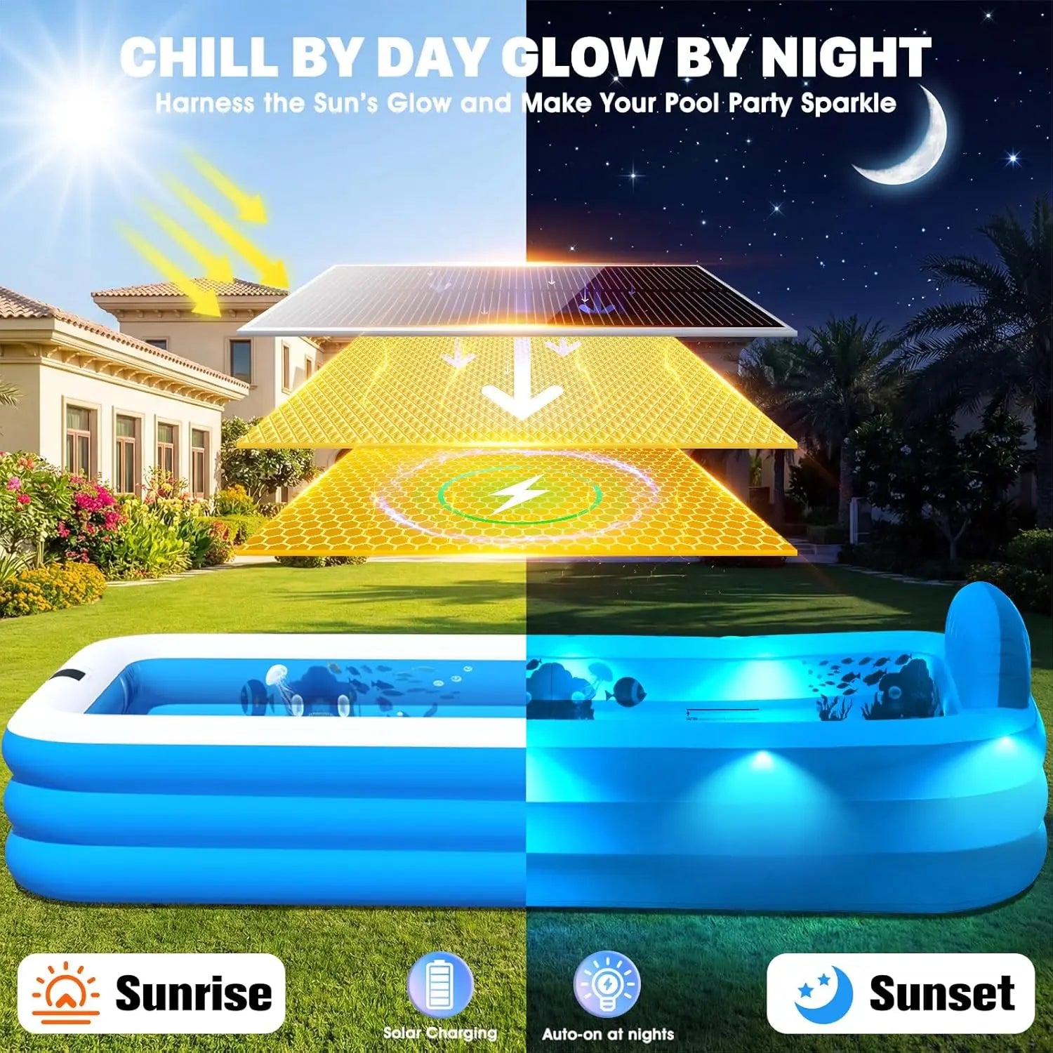120x73x20in Inflatable Pool with Solar LED Lights, 3D Ocean Theme, for Adults & Kids