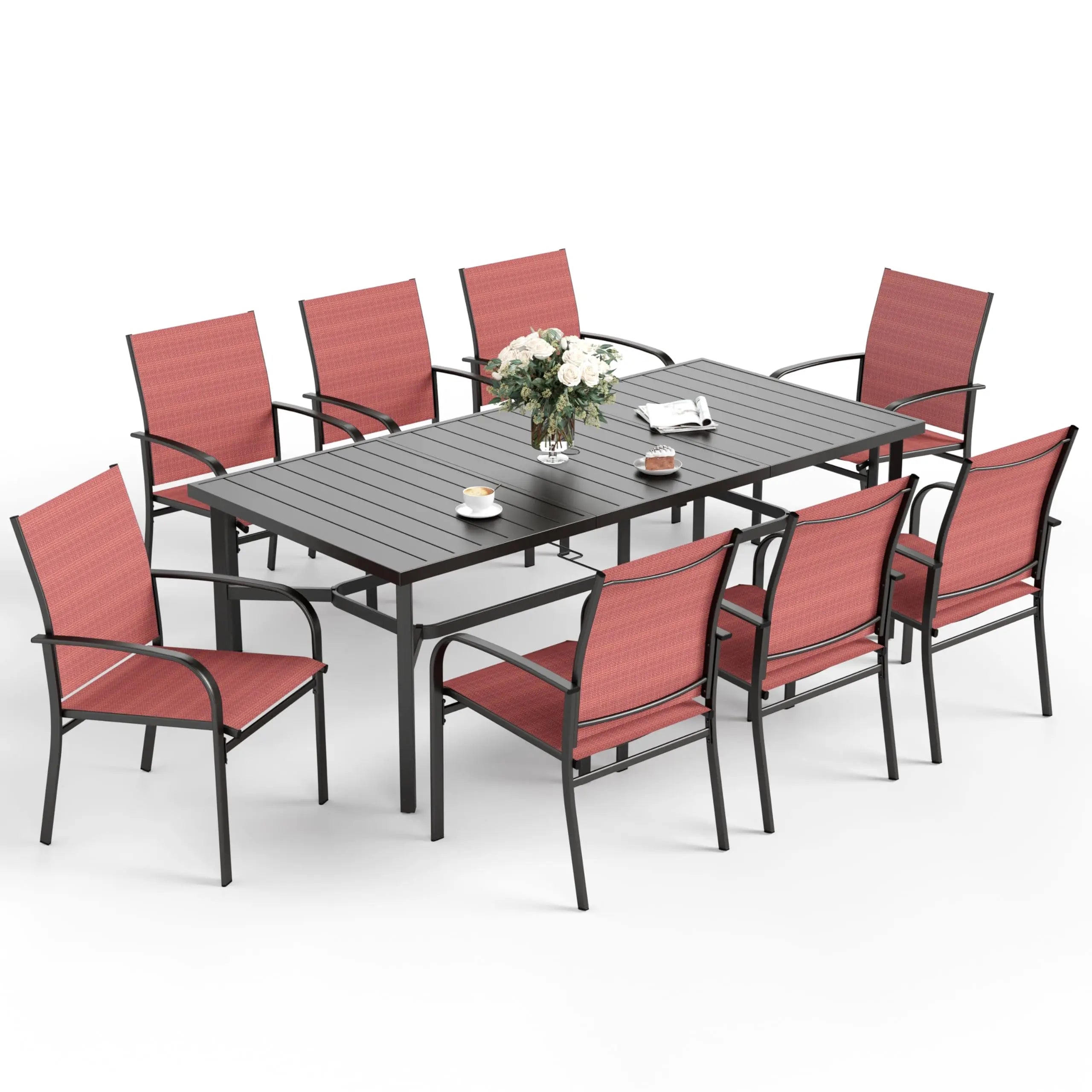 SUNSHINE VALLEY 5/9 Piece Patio Dining Set, Square Table with Umbrella Hole, 4 Metal Brown Chairs, Outdoor Table Chairs Set