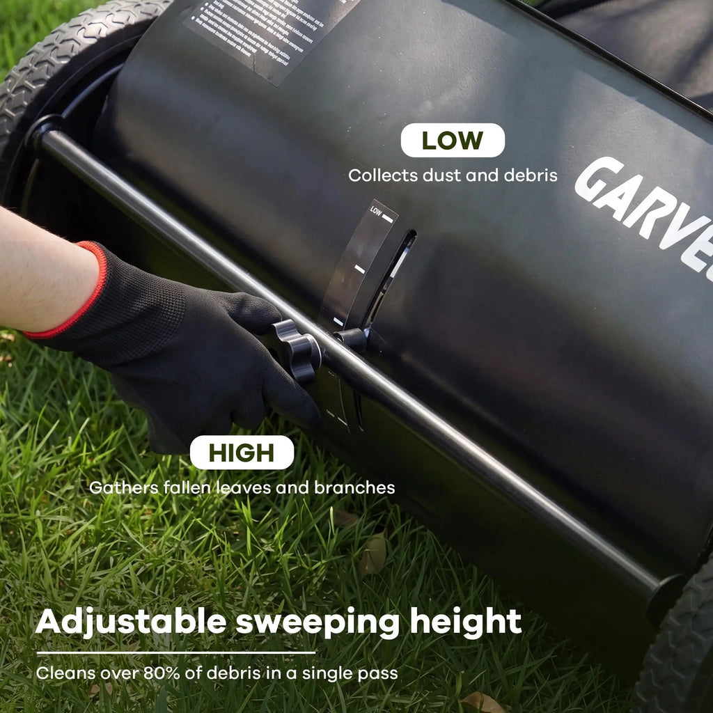HiMiss Push Lawn Sweeper 26in Leaf & Grass Collector, 7 Cu.Ft Hopper Bag With Cover, Adjustable Brush Height, Steel Yard Sweeper