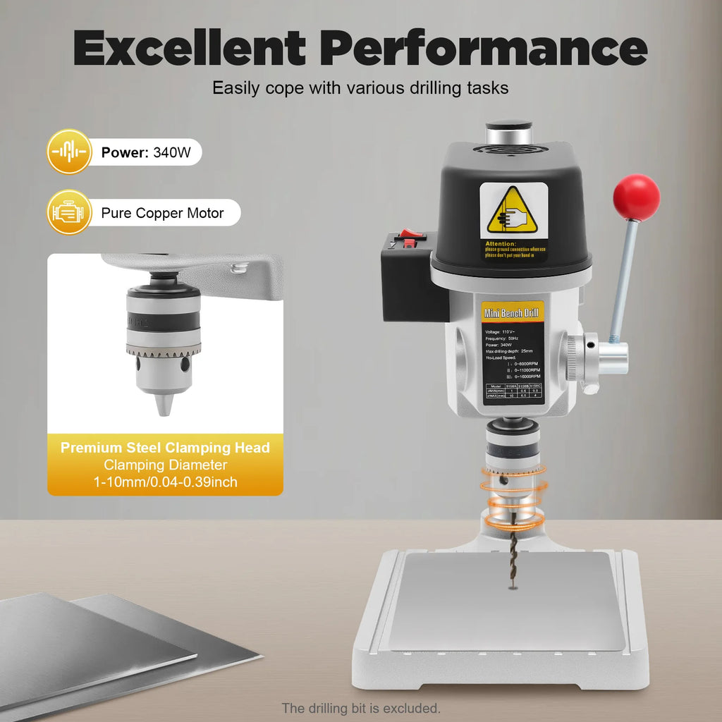 5158A 340W Mini Benchtop Drill Press 3-Speed Bench Wood Metal Hole Drilling Machine for DIY Crafts, Furniture,110V