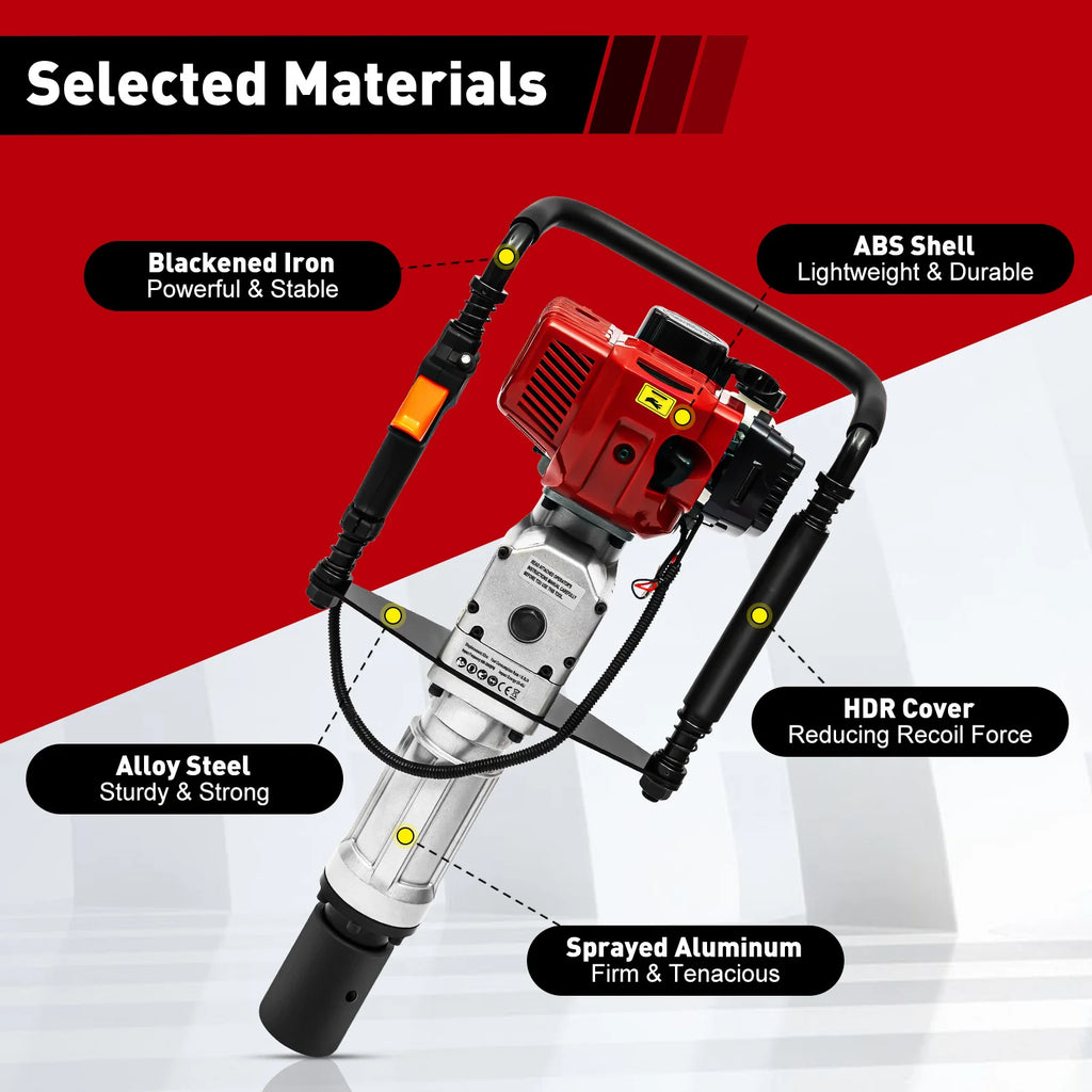 52CC 2-Stroke Gas Post Driver with Anti-Vibration Handle, Heavy Duty Impact Driver for Fencing Construction, Quick Change 2 Socket Sizes for T-Post Wood Post Agricultural Piling Work