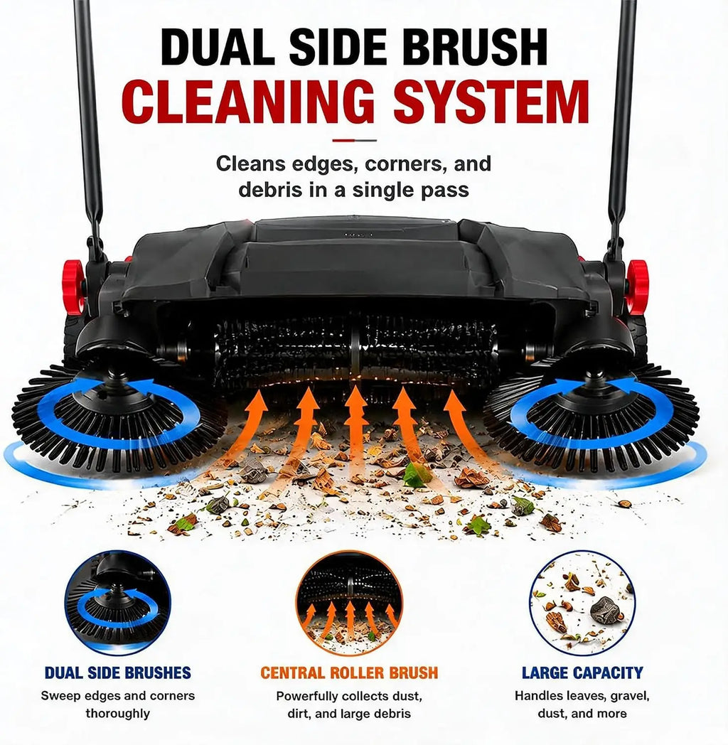 Twister.Ck 26" Hand Push Walk-Behind Sweeper, 5-Gallon Debris Container, Multi-Adjustable Folding Handle — Lifts Flattened Grass & Sweeps Debris