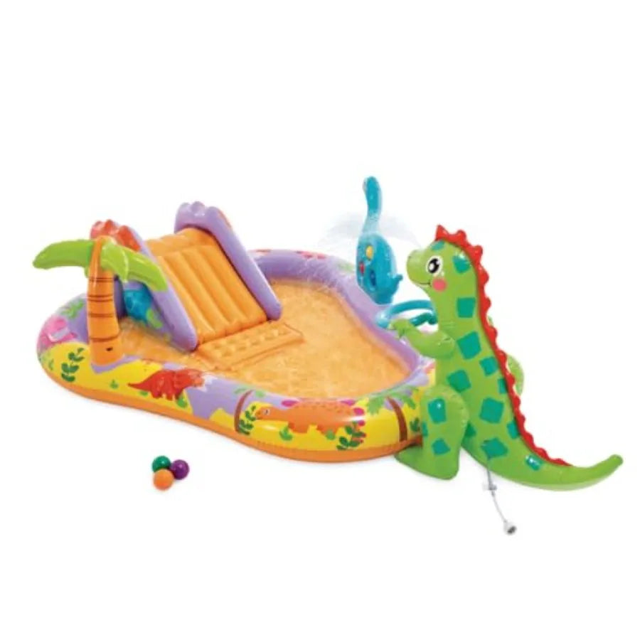 Dino Park Inflatable Kiddie Pool for outdoor play PVC material multi-color includes water sprayer and slide for enhanced play