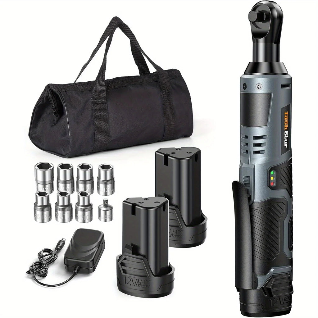 TaskStar 3/8" Driver Cordless Ratchet Wrench with 1/4" Adapter &7 Sockets & 2 2.0Ah Batteries 12V Car Dismantling Tool Electric Wrench Kit
