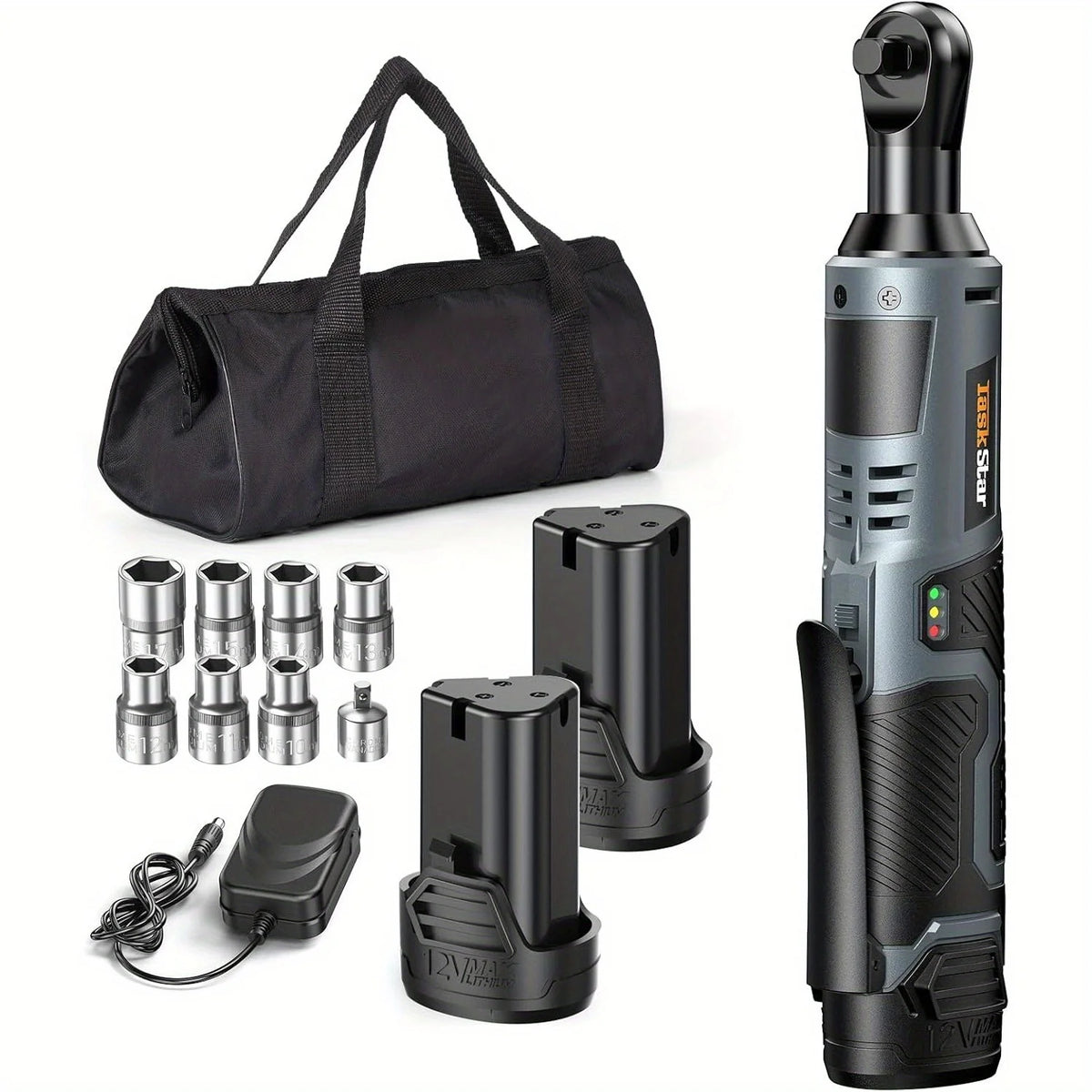 TaskStar 3/8" Driver Cordless Ratchet Wrench with 1/4" Adapter &7 Sockets & 2 2.0Ah Batteries 12V Car Dismantling Tool Electric Wrench Kit