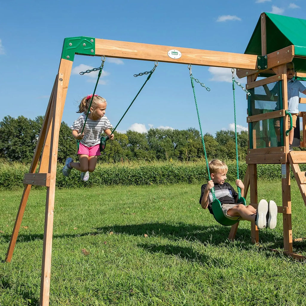 Buckley Hill Cedar Wood Swing Set with Wave Slide, Play Deck, Rock Wall Ladder, Belt Swings, Chalkboard, Canopy Roof, Outdoor Play Center.