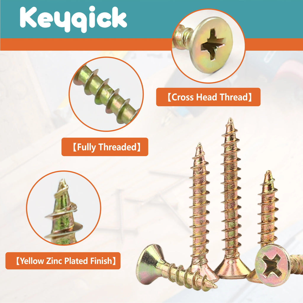 Keyqick 100PCS/200PCS Self-Tapping Wood Screws, M4/M5 Full Thread Countersunk Screws, 16-80mm Zinc-Coated Self-Tapping Tip & Cross Head Screws for Woodworking, Furniture, - No Pre-Drilling Required Suitable for Industrial & W
